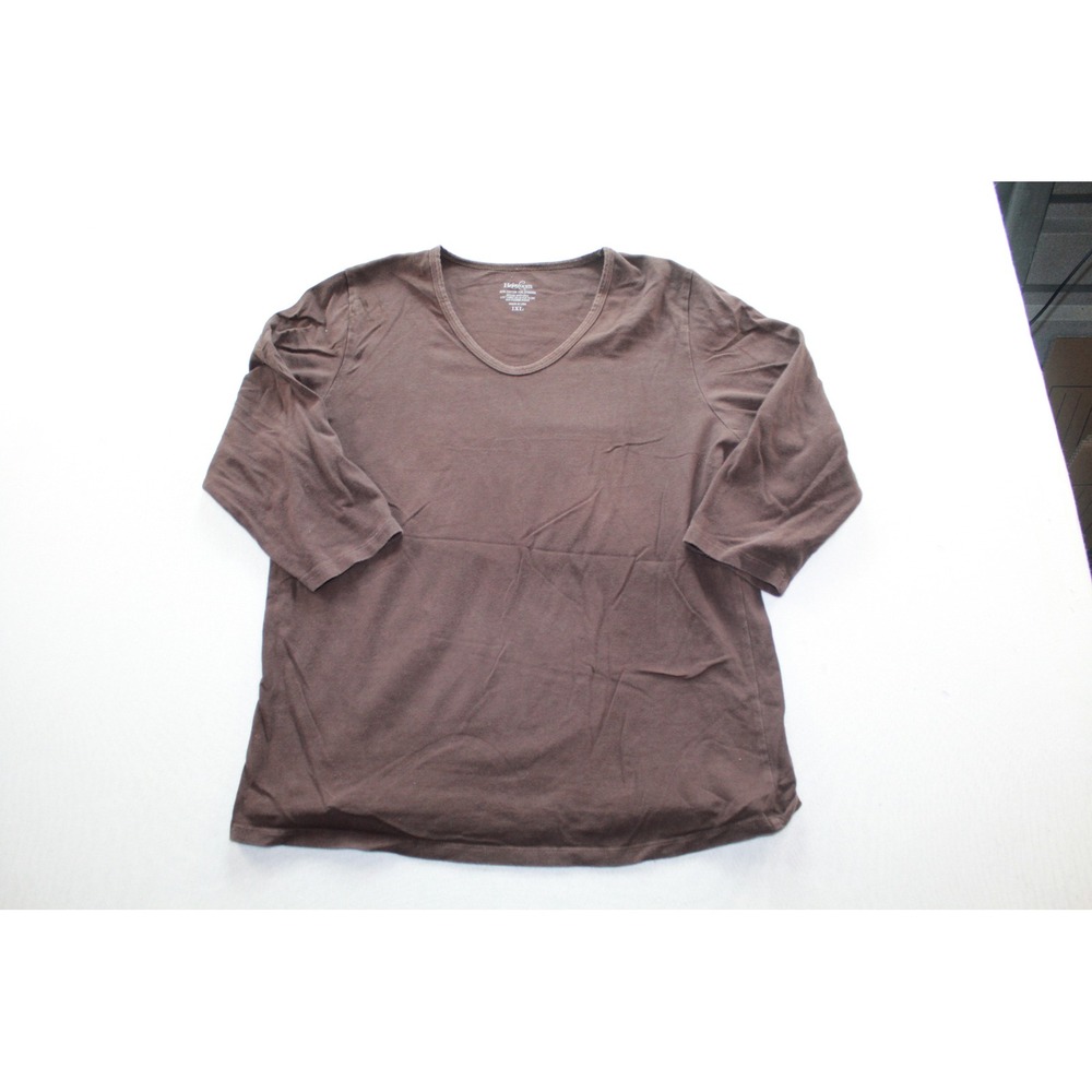 Heirloom Scoop Neck Top Women 1XL Brown Excellent 3/4 Sleeve Cotton Blend Tee
